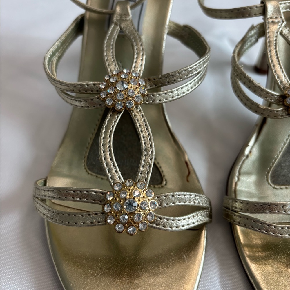Touch Ups Gold Strappy Heels Sandals with Rhinestones
